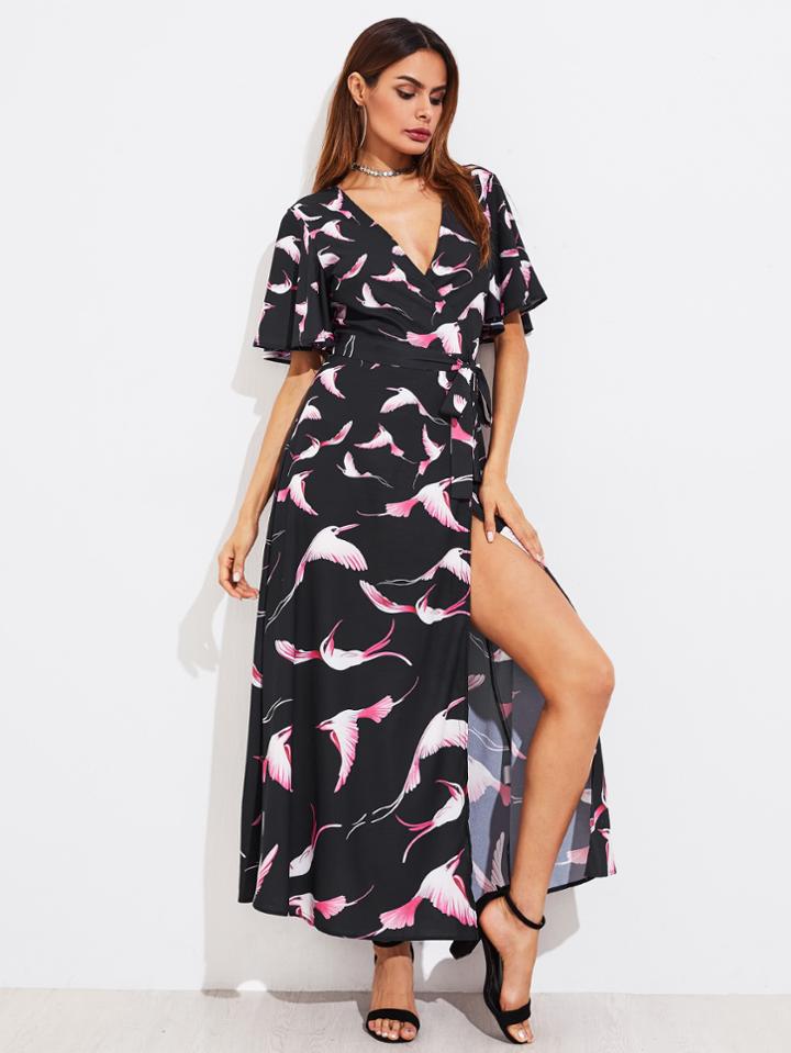 Shein Flutter Sleeve Bird Print Surplice Wrap Dress