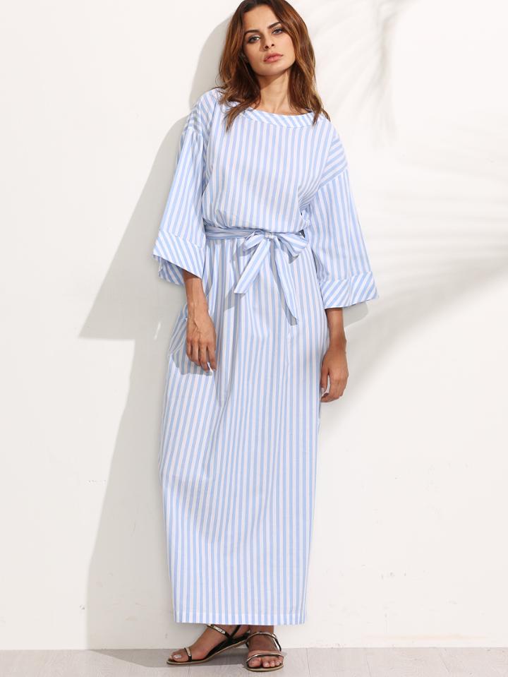 Shein Blue Striped Bow Waist Maxi Dress