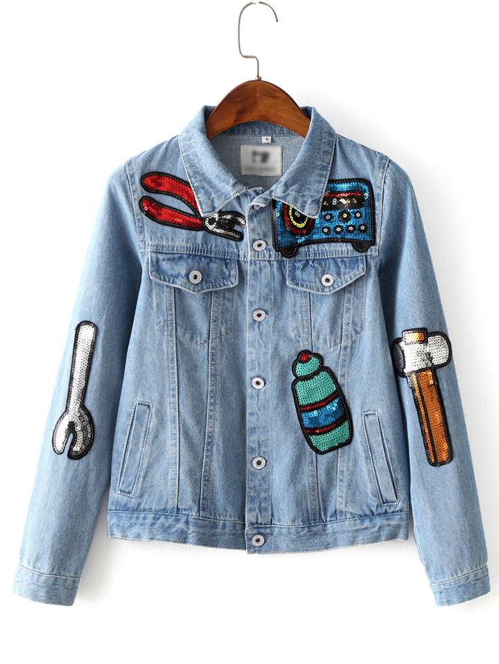 Shein Light Blue Button Front Sequined Jacket