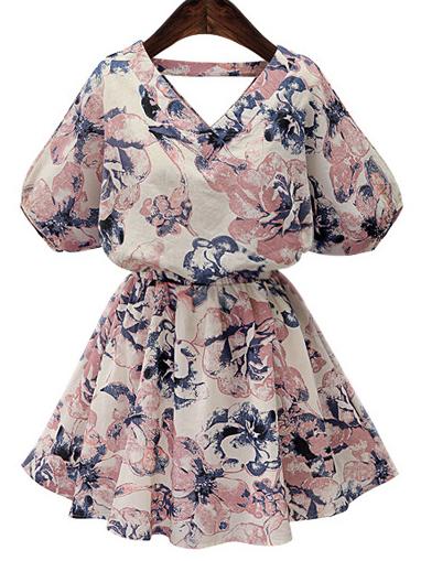 Shein Pink V Neck Lantern Sleeve Florals Dress