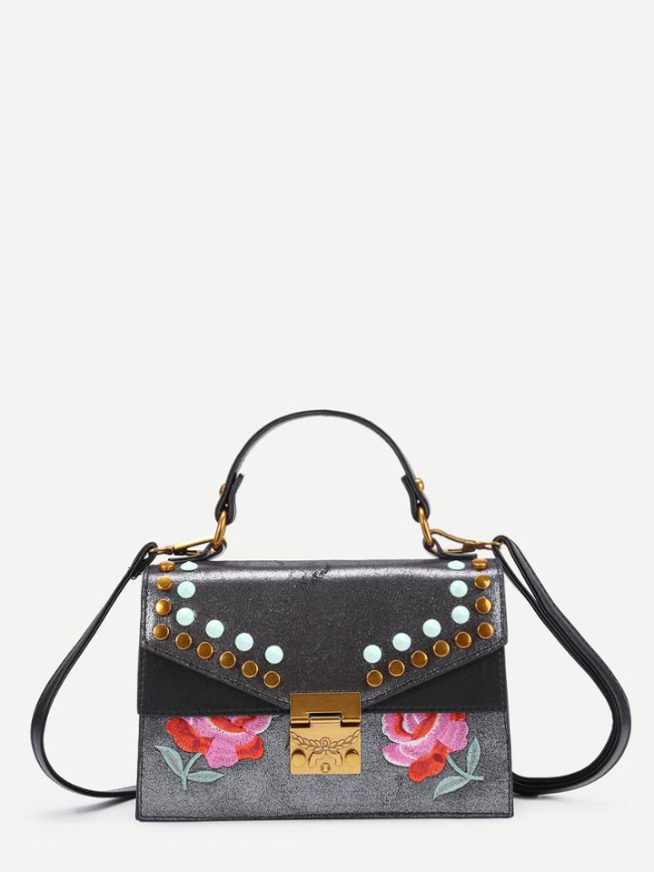 Shein Flower Embroidery Pu Grap Bag With Studded