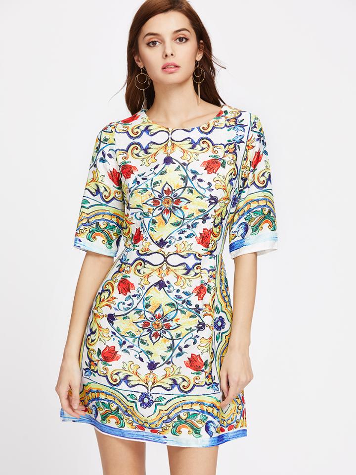 Shein Elbow Sleeve Flower Print A Line Dress