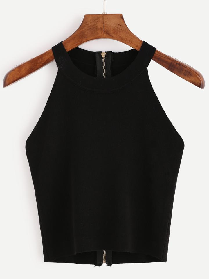 Shein Black Zip Back Knit Halter Neck Top