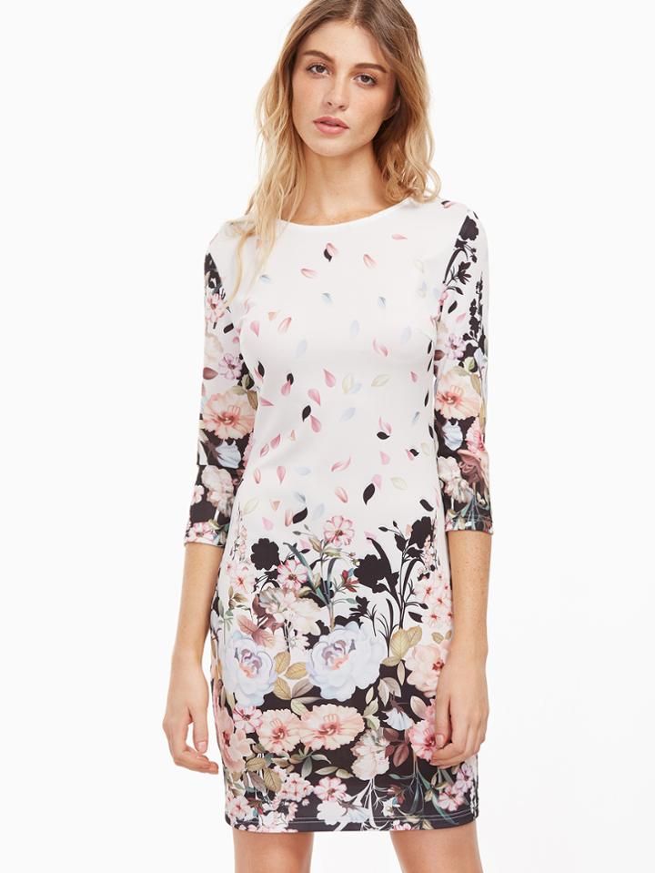 Shein Multicolor Flower Print Button Keyhole Back Sheath Dress