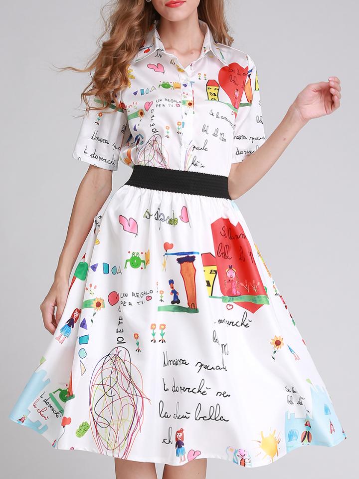 Shein White Lapel Cartoon Print Top With Skirt