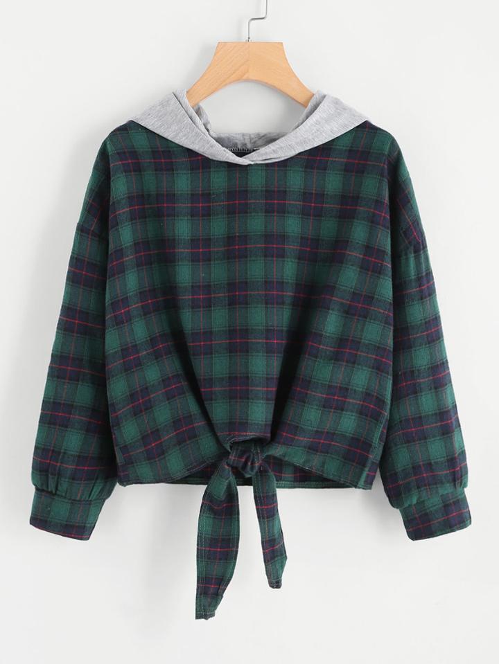 Shein Knot Front Checked Hooded Sweatshirt