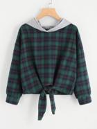 Shein Knot Front Checked Hooded Sweatshirt