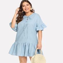 Shein Lace Up Flounce Sleeve Ruffle Hem Denim Dress