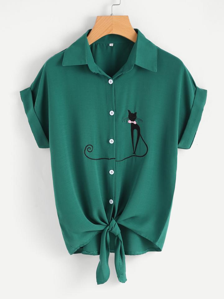 Shein Cat Embroidered Rolled Sleeve Knotted Shirt