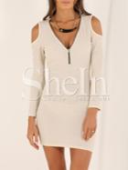Shein Beige Long Sleeve Off The Shoulder Bodycon Dress