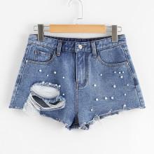 Shein Pearl Beaded Ripped Raw Hem Denim Shorts