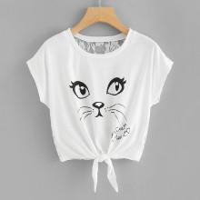 Shein Cat Print Lace Back Knot Front Tee