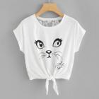 Shein Cat Print Lace Back Knot Front Tee