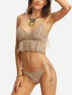 Shein Crop Peplum Crochet Top Bikini Set - Camel