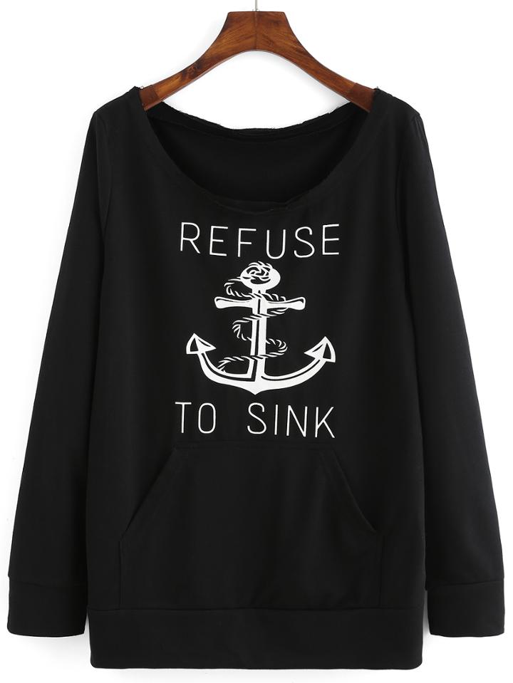 Shein Black Round Neck Anchors Print Sweatshirt