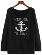 Shein Black Round Neck Anchors Print Sweatshirt