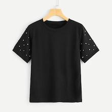 Shein Pearl Beaded Sleeve Tee