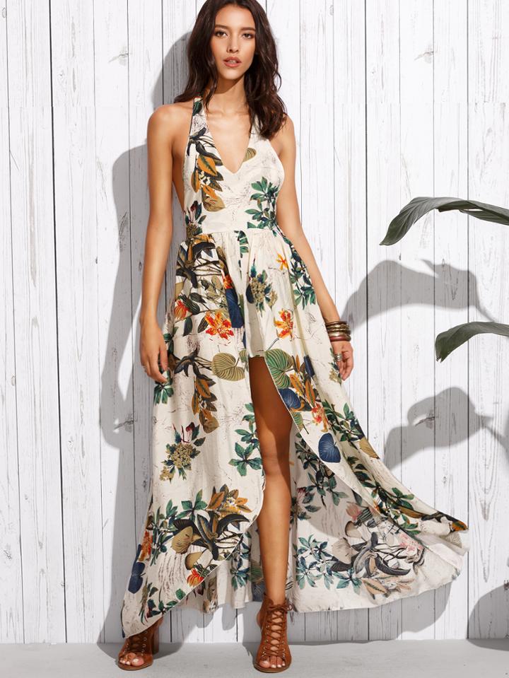 Shein White Tropical Print Plunge Halter Neck Maxi Romper