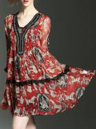 Shein Red V Neck Contrast Lace Print Beading Dress