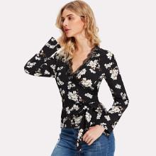 Shein Lace Neckline Floral Wrap Top