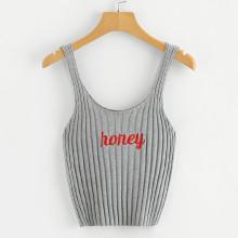 Shein Letter Embroidery Ribbed Knit Cami Top