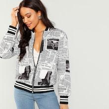 Shein Zip Up Newspaper Print Bomber Coat