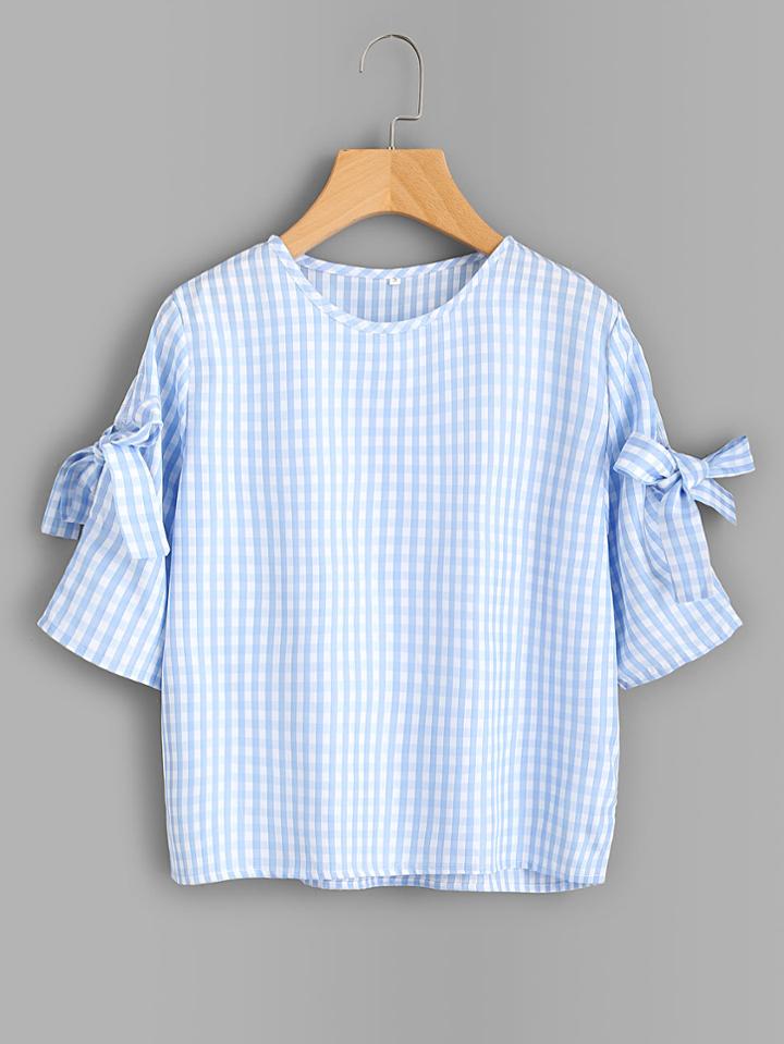 Shein Bow Tie Detail Gingham Blouse