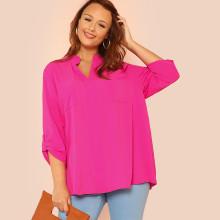 Shein Plus V Cut Neck Rolled Tab Sleeve Top