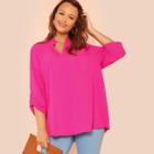Shein Plus V Cut Neck Rolled Tab Sleeve Top