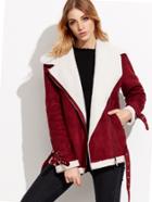 Shein Burgundy Faux Shearling Asymmetric Zip Jacket With Buckle Detail
