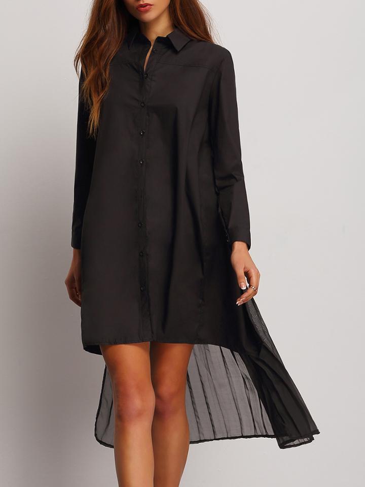 Shein Black Lapel Ruched High Low Shirt Dress