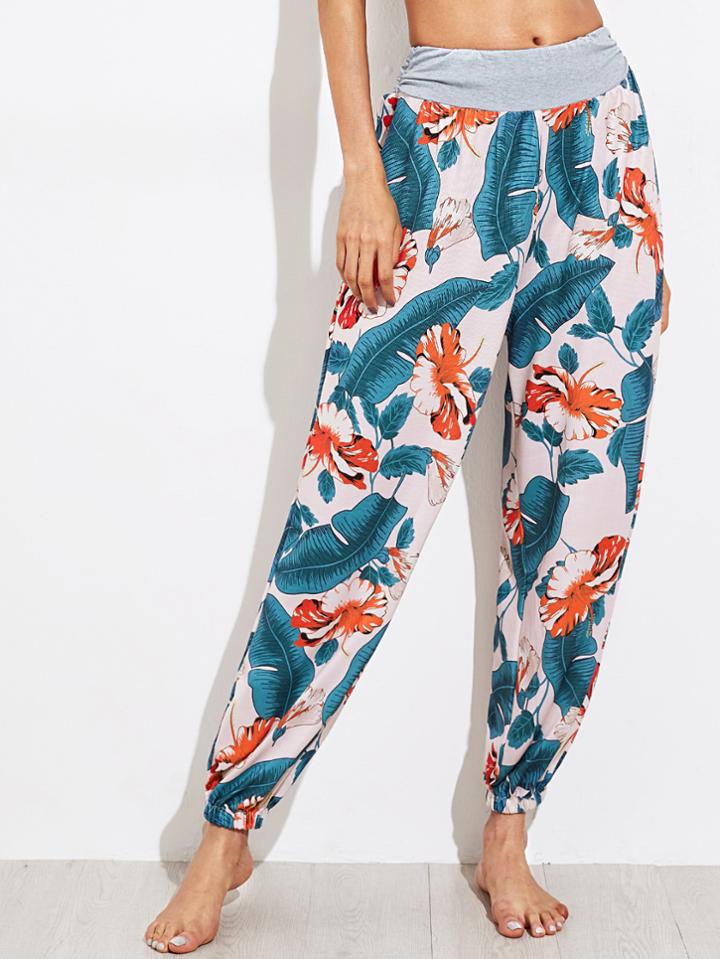 Shein Contrast Marled Waist Jungle Print Harem Pants