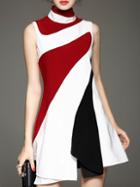 Shein White Contrast Red Black Stand Collar Sleeveless Ruffle Dress
