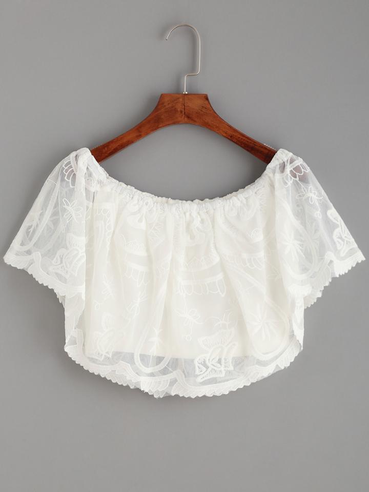 Shein White Crop Embroidered Mesh Top