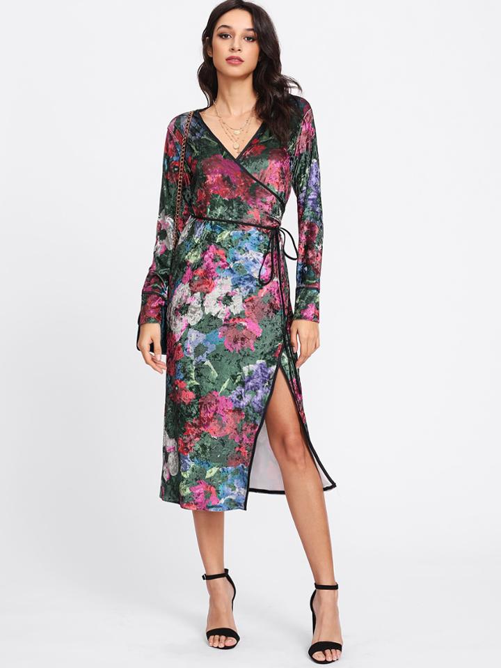 Shein Self Tie Floral Velvet Dress