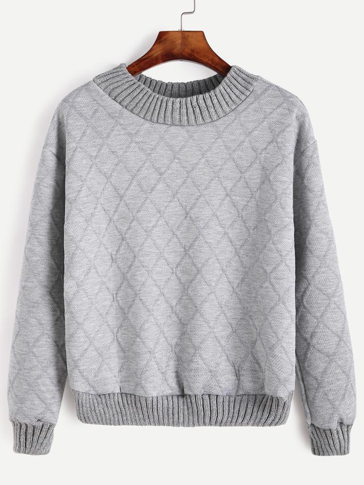 Shein Grey Diamond Pattern Ribbed Trim Sweatshirt