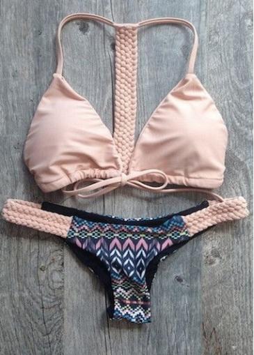 Rosewe T Strap Pink Printed Drawstring Bikini