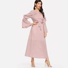 Shein Bell Sleeve Tie Waist Ruffle Longline Dress