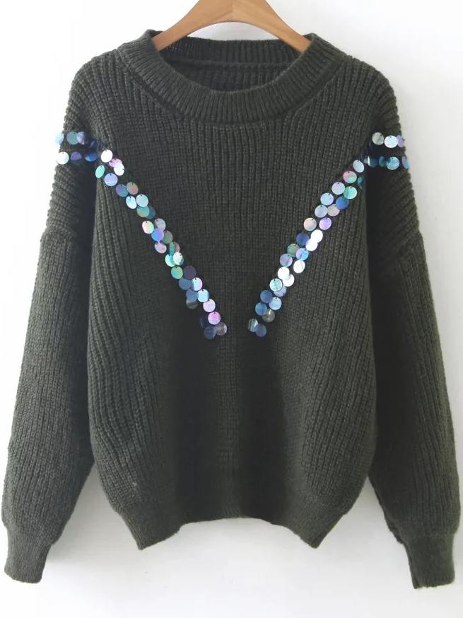 Shein Army Green Sequin Detail Drop Shoulder Sweater