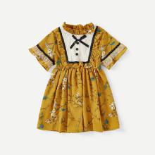 Shein Girls Contrast Mesh Frill Trim Calico Print Dress