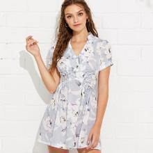 Shein Button Front Knot Detail Floral Dress