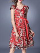Shein V Neck Gauze Embroidered Tie-waist Dress