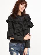 Shein Black Mock Neck Ruffle Trim Zipper Back Blouse