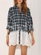 Shein Green Long Sleeve Preppy Appropriately Checker Plaid Hollow Blouse
