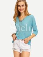 Shein Green Three Quarter Sleeve Dip Hem T-shirt