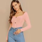 Shein Button Front Rib-knit Form Fitting Tee