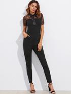 Shein Lace Yoke Eyelash Trim Solid Jumpsuit