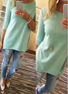 Rosewe Round Neck Light Blue Long T Shirt