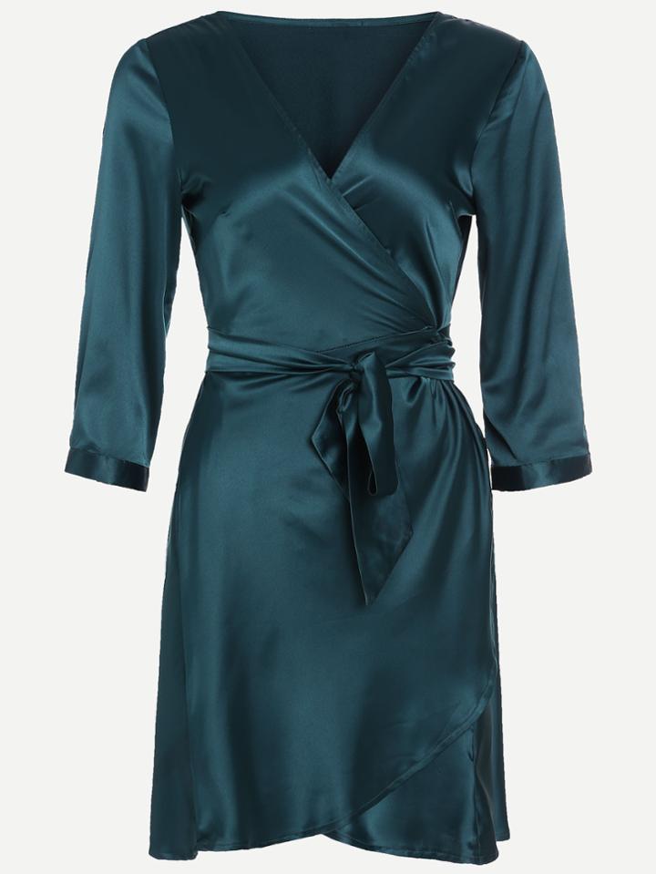 Shein Dark Green V Neck Wrap Tie  Pajamas Dress