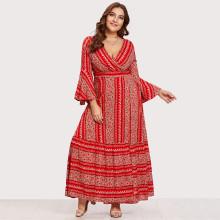 Shein Plus Flounce Sleeve Ditsy Print Wrap Dress